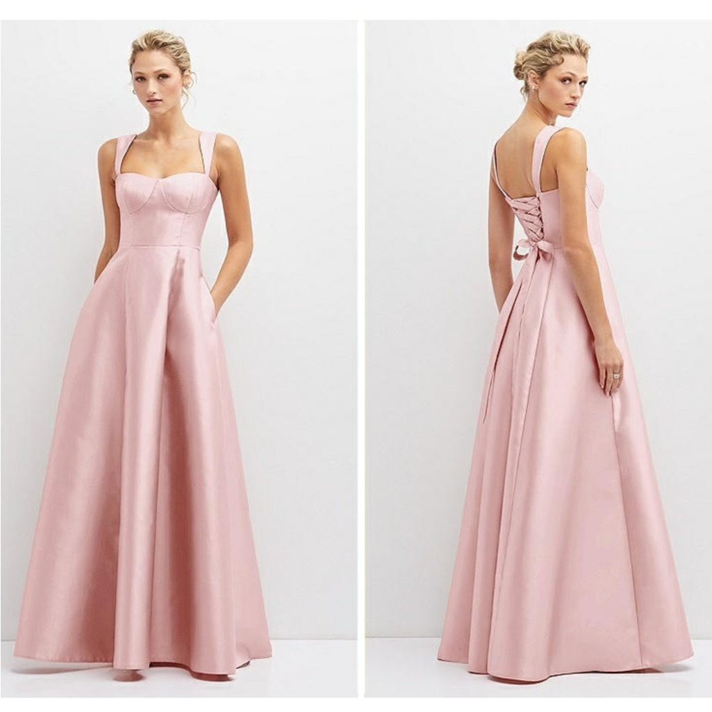 Alfred Sung Lace-Up Bustier Full Skirt Pockets Satin Pink Maxi Dress Nwt 18